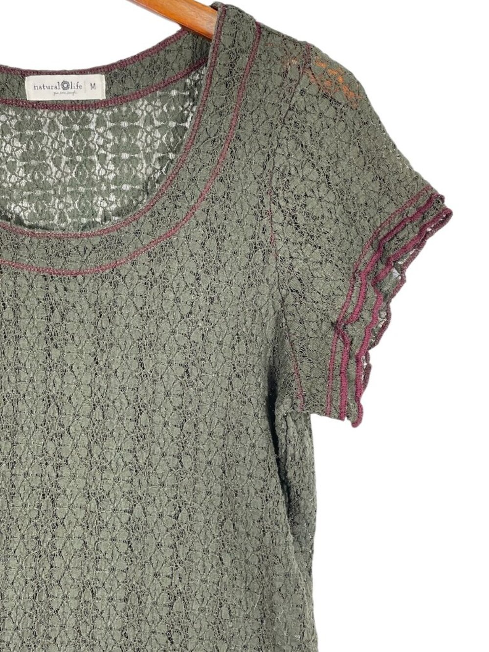 Natural Life Olive Floral Lace Boho Top Contrast Trim Medium Cottagecore - Picture 4 of 10